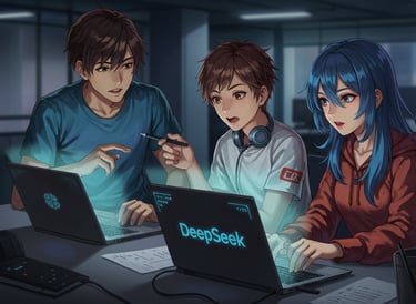 DeepSeek team, a group of people sitting around a laptop