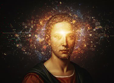 La Era de la Humanidad Aumentada, a man with a head of hair and a face of a man with a head