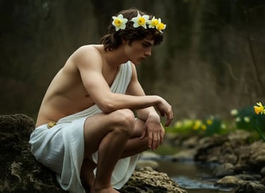 Narcizo in a white robe sitting on a rock