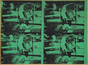 acidentes de carro com figuras caídas. Green Car Crash (Four Cars in Collision) (Andy Warhol, 1963).