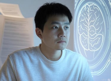 a man in a white shirt is looking at a computer screen