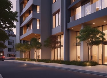 Sophisticated luxury apartment building with clean lines and modern architecture at dusk.