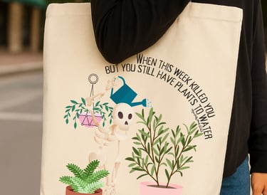 Eco-friendly plant-themed tote bag with illustrated plants and watering can artwork — Miss Chatty Plants accessories.