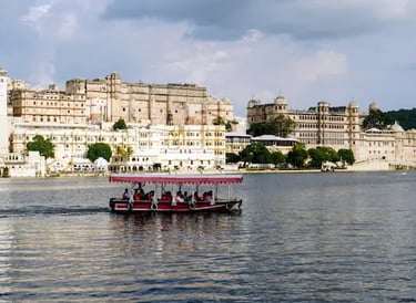 Boat ride on Lake Pichhola with City Palace Udaipur in the background.