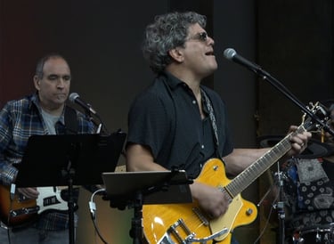 a man playing guitar and singing into a microphone