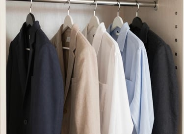 Organized wooden wardrobe with blazers and button-up shirts hanging on a metal rod.