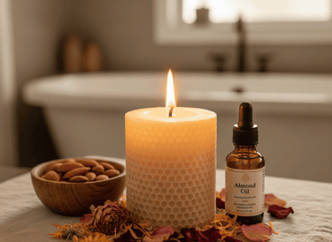 Vela aromática en forma de panal de miel con gotero de aceite de almendra y flores secas