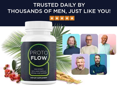 ProtoFlow dietary supplement for men, with a bottle of capsules, cranberry-like berries, and ginger 
