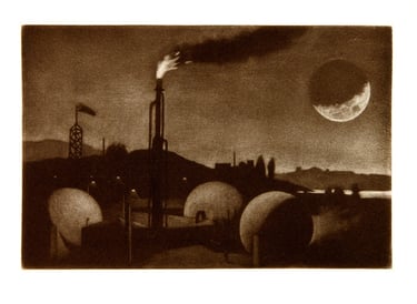 Oil refinery mezzotint moon sepia