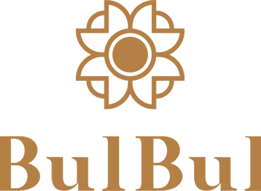 Elegant gold BulBul logo featuring a geometric floral emblem and serif typography.