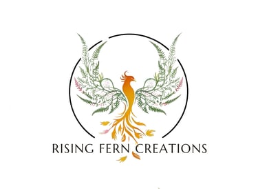 Rising Fern Creations logo with an orange phoenix and green fern-shaped wings, inside a black circle