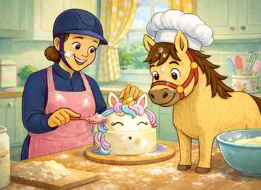 Cartoon Illustration von Pancake und er Ponytante beim Pferdekuchen backen