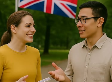 Hombre y mujer en el parque practicando su inglés con una conversación sencilla
