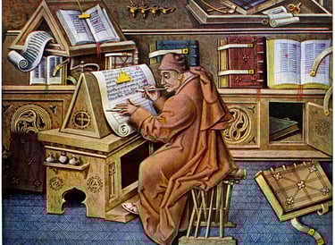 Scribe working on a manuscript, surrounded by his research material