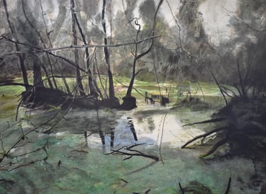 Trees and weeds in a swamp under a humid sky.