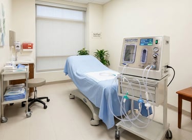 Kemet Oxy Clinic colon hydrotherapy room featuring an Aquaglush machine and medical treatment table.
