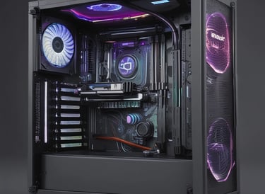 Technician repairing a sleek black desktop computer in a clean workspace.