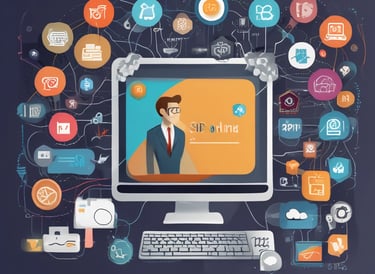 A professional team collaborating around a laptop in a modern office space.