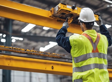 technician inspecting and repairing an overhdead crane