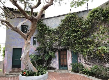 El Meridian courtyard in Santa Barbara with vine-covered purple and pink wall.
