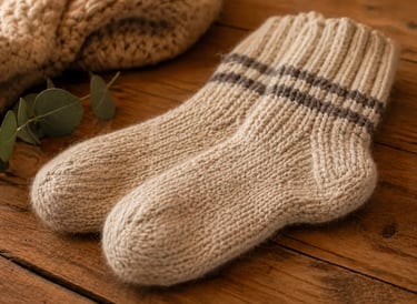 Hand-knit wool socks with stripes on a rustic wooden table with a cozy blanket.