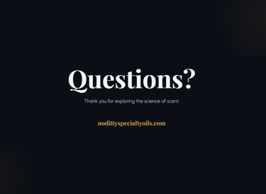 "Closing slide for No Ditty Specialty Oils blog featuring a 'Questions?' heading and contact information for the brand."