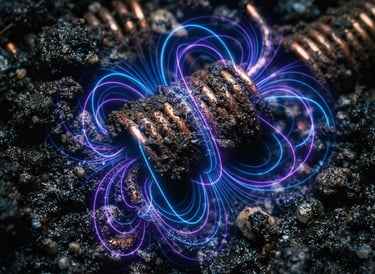Macro close-up of high-purity heavy-duty copper coils buried in dark, rich soil, glowing electric cobalt blue and neon violet vector overlays representing magnetic fields, dramatic low-key lighting, 35mm