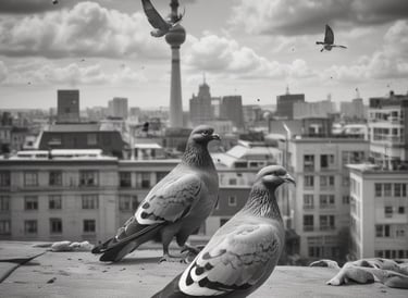 two pigeons sitting on a ledge in a city