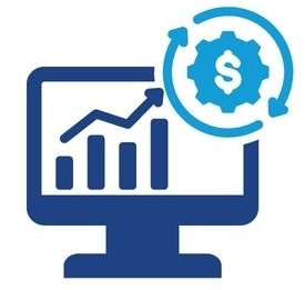 Blå ikon med datorskärm, graf och kugghjul med dollarsymbol, symbol för digitaliseringstjänster.