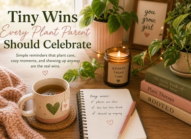 Cozy plant care corner with a cup of tea, candle, journal, and thriving houseplants