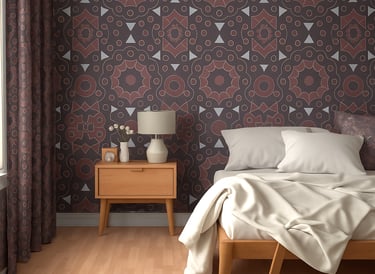 Bedroom with Atelier 59 STUDIO wallpaper and fabric. Pattern - Tile Eight