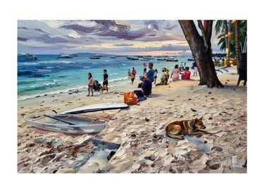 Impasto oil painting of a tropical beach sunset with people, boats, and a dog resting on the sand.