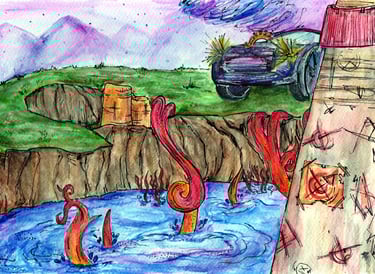 watercolour painting alien invasion , underwater alien, car 