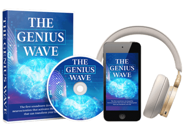 The Genius Wave digital audio program with a physical book, CD, smartphone app, and over-ear headphones.