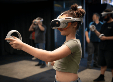 Young girl wearing a VR headset and holding VR controllers playing VR games