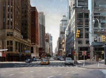 Octava Avenida. Nueva York. Perspectiva urbana pintada por Miguel Vivo sobre tabla.
