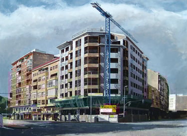 Edificio en construcción en el antiguo Mesas de Castillo en Murcia. Pintado por Miguel Vivo con óleo