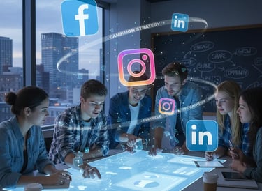 Group of students practicing social media and Google Ads marketing using marketing AI  tools 