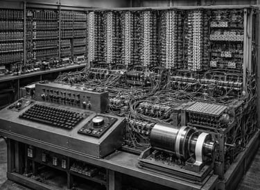 Computador mainframe Z3 vintage com fiação complexa, tubos de vácuo e um teclado de console 