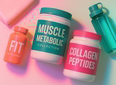 Three peptide supplements for healing and recovery on white background with pink and teal accents.