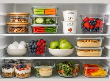 Organized refrigerator shelves with glass meal prep containers, fresh fruit, vegetables, and yogurt.