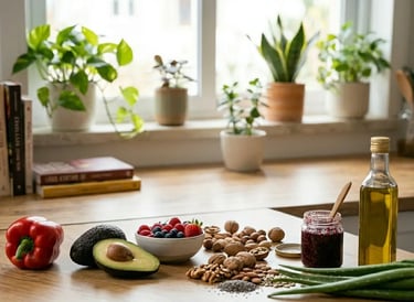 Superalimentos saudáveis como abacate, frutas vermelhas, castanhas e azeite de oliva