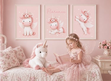 little girl reading with unicorn in pink bedroom with personalised unicorn prints by Bunting & Beau