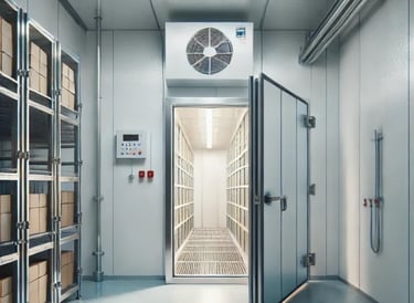 Industrial walk-in freezer with open heavy-duty door, metal shelving, and cooling fans for cold storage.