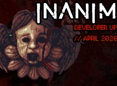 Inanima horror game developer update for April 2026 featuring pixel art of a creepy stone angel head.