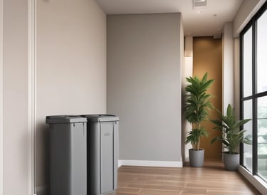 A well-dressed janitor in a suit and bowtie, elegantly managing waste in a pristine apartment building environment.
