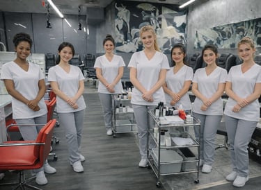 nail techs standing in front of nail salon greeting