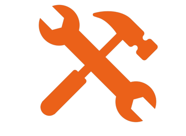 Orange crossed wrench and hammer icon representing repair services and home maintenance tools.