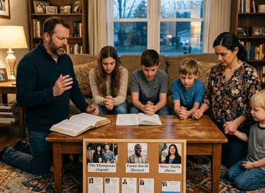 Family praying around coffee table