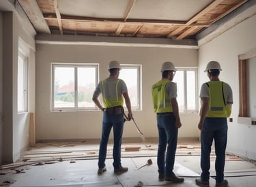 Modern home renovation with exposed beams and new lighting installation.